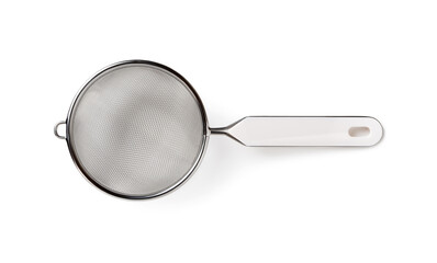 Stainless steel tea strainer with plastic handle isolated on white background. Fine mesh sieve with...