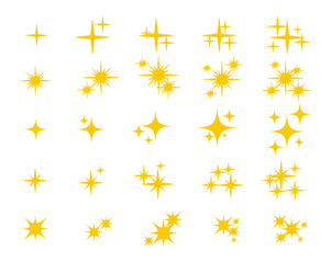 Set of yellow sparkles. Collection of twinkling star symbol isolated on white background. Cartoon style. Vector illustration.