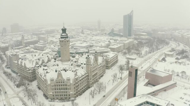 Top panoramic view over city centre and the New Town Hall (Neues Rathaus) Leipzig in Saxony, Germany during winter