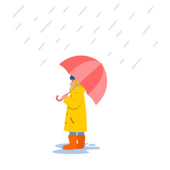 Little child with umbrella in raincoat and rain boots. Cute and simple cartoon vector illustration.