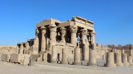 A full front view shot of the temple of Sobek in Kom Ombo in Aswan in Egypt
