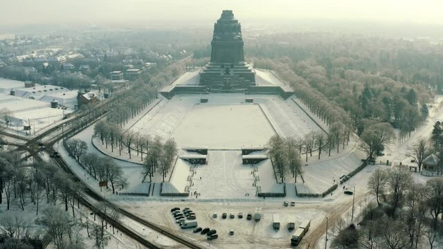 Top aerial panoramic view at the Monument to the Battle of the Nations (V&ouml;lkerschlachtdenkmal) in Leipzig, Saxony, Germany during winter