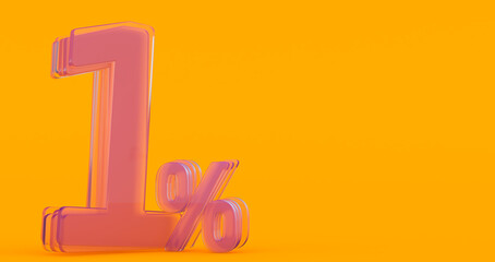 one (1) percent in glass, Glass 3d number on colored background, 3d render
