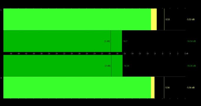A pair of horizontal green audio peak level meters against a black background