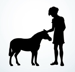 Pretty small girl with pony. Vector drawing kid