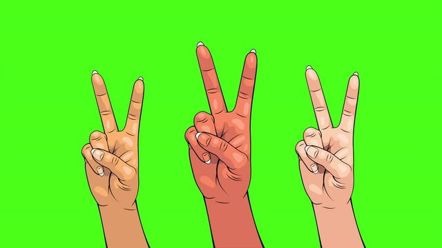 Animation of female hands in a comic style. Victory sign. Three female hands of different races. Alpha channel.