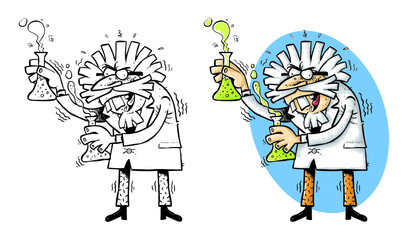Hand drawn cartoon illustration of a mad scientist. Lines, colors and blue background are grouped separately. Editable for changing colors. Vector EPS.