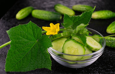 
Cucumbers slices in a bowl and a cucumber flower on a black background.