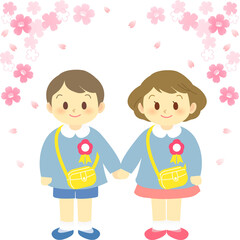 イラスト素材：桜満開の中で男児と女児が手を繋いで記念撮影する春のイメージ
