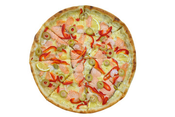 Round thin crust pizza with red fish and sweet pepper. Fast food with fish and cheese top view....