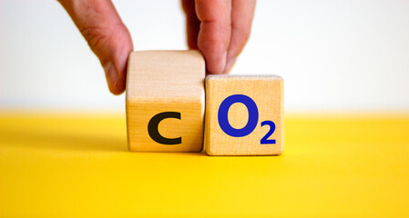 CO2 or O2 symbol. Businessman turns the wooden cube and changes words 'CO2, carbon dioxide' to 'O2,...