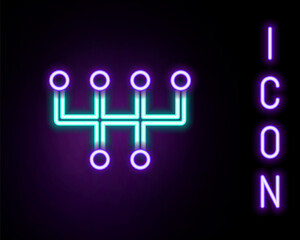Glowing neon line Gear shifter icon isolated on black background. Transmission icon. Colorful outline concept. Vector.
