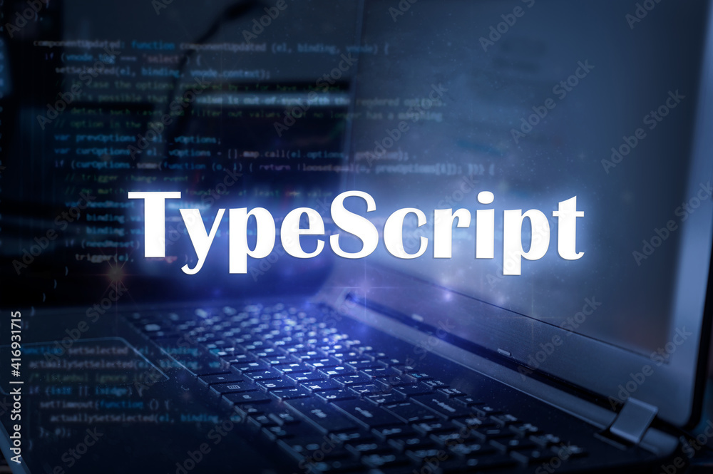 Fototapete typescript inscription against laptop and code background. learn programming language, computer cour