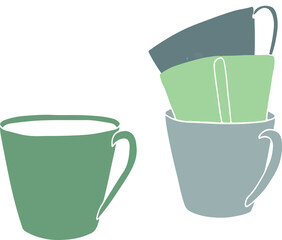 4 green cups isolated on white. Coffee mug. Tea cup. Morning routine. Illustration for cafe and restaurant. Print for t-shirt.