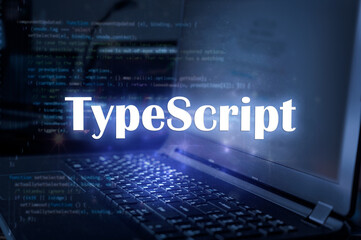 TypeScript inscription against laptop and code background. Learn programming language, computer...