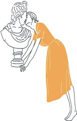 Woman kissing man. Fairy tale love of girl and man's bust. 