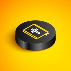 Isometric line Holy bible book icon isolated on yellow background. Black circle button. Vector.