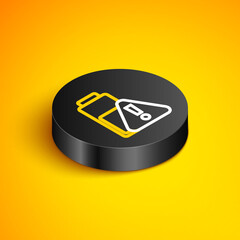 Isometric line Smartphone battery charge icon isolated on yellow background. Phone with a low battery charge. Black circle button. Vector.