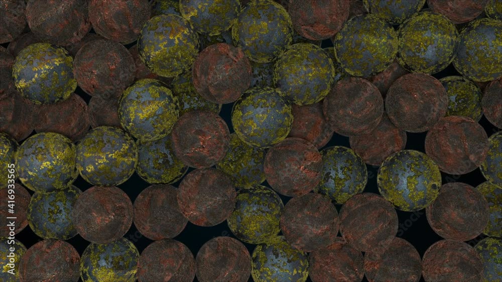 Poster many falling rusty spheres, computer generated. 3d render of abstract old backdrop