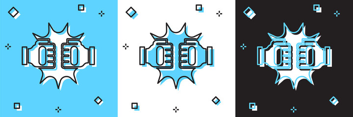 Set Punch in boxing gloves icon isolated on blue and white, black background. Boxing gloves hitting together with explosive. Vector.