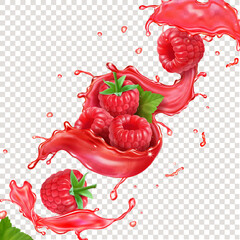 Raspberry transparent juice liquid splash. Raspberry fruit realistic icons for fresh drink product package design. Forest berry sweet food © lightgirl