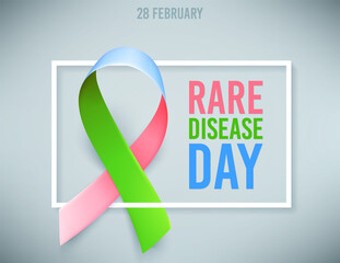Poster template for awareness day on 28 february, with symbol of rare disease green, pink, blue ribbon. Vector illustration.