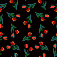 Vector tulips with leaves seamless pattern.