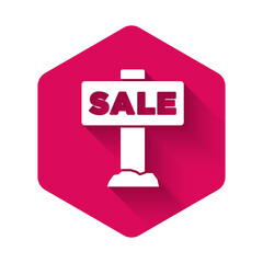 White Hanging sign with text Sale icon isolated with long shadow background. Signboard with text Sale. Pink hexagon button. Vector.