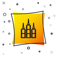 Black Skyscraper icon isolated on white background. Metropolis architecture panoramic landscape. Yellow square button. Vector.
