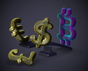 Bitcoin cryptocurrency 3D logo outweighs golden dollar, euro and pound signs on swing on gray background. Cryptocurrency value growth and stock exchange trading concept. Vector illustration, EPS 10.