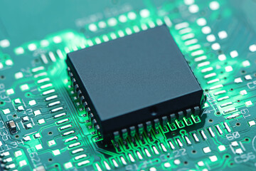 Backlit green printed circuit board with the chip processor, background technology