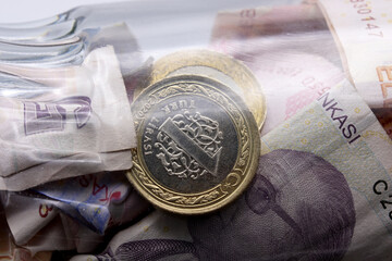 close-up Turkish Lira in a glass jar