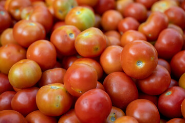 red tomatoes in market, basket