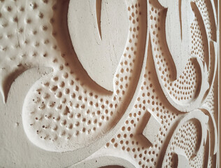 Beige plaster ornament with floral elements close-up. Wall decoration concept. Vintage background.