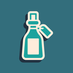 Green Essential oil bottle icon isolated on green background. Organic aromatherapy essence. Skin care serum glass drop package. Long shadow style. Vector.