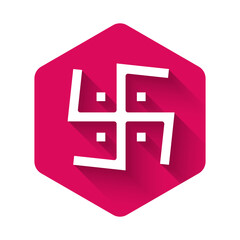 White Hindu swastika religious symbol icon isolated with long shadow background. Pink hexagon button. Vector.