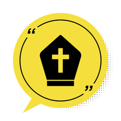 Obraz premium Black Pope hat icon isolated on white background. Christian hat sign. Yellow speech bubble symbol. Vector.