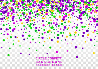 Vector Bright Colorful seamless border of scattered round confetti isolated on transparent white background. Falling gradient  particles for Carnival, Mardi Gras decoration.