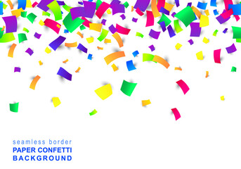 Vector Bright Colorful seamless border of scattered paper confetti isolated on white background. Falling gradient  particles for Carnival, Mardi Gras, Holiday decoration.