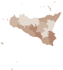 Fototapeta na wymiar Sicily map, division by provinces and municipalities. Closed and perfectly editable polygons, polygon fill and color paths editable at will. Levels. Political geographic map. Italy
