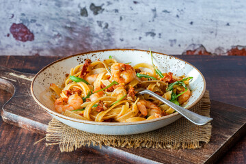 Tiger prawns in tomato, chilli and almond pesto