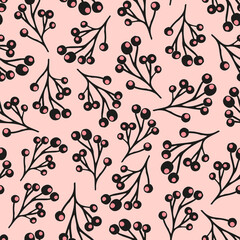 Botany berries seamless repeat pattern. Random placed, vector branches all over surface print on pink background.