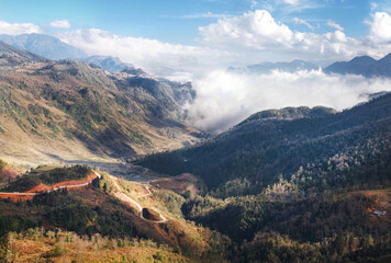View of mountain ranges with forests in Sapa, Vietnam
