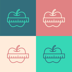Pop art line Apple and measuring tape icon isolated on color background. Excess weight. Healthy diet menu. Fitness diet apple. Vector.