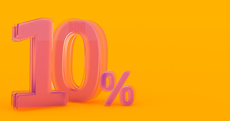 ten (10) percent in glass, Glass 3d number on colored background, 3d render