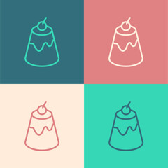 Pop art line Pudding custard with caramel glaze icon isolated on color background. Vector.