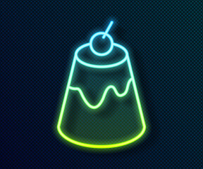 Obraz premium Glowing neon line Pudding custard with caramel glaze icon isolated on black background. Vector.