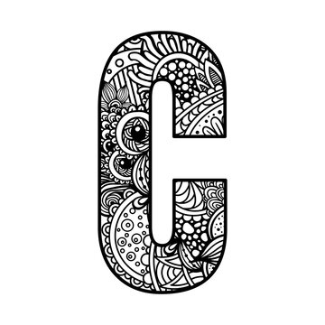 Zentangle letter C monogram font. Vector ornamental and decorative template illustration for printing on postcards, t-shirts, bags, cups, clothing, Wallpaper, posters, coloring books, interior paintin