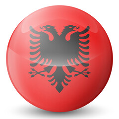 Glass light ball with flag of Albania. Round sphere, template icon. Albanian national symbol. Glossy realistic ball, 3D abstract vector illustration highlighted on a white background. Big bubble.