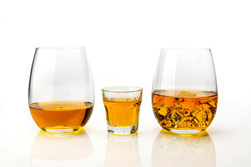 Whiskey or whisky three glasses, one served neat, one short and one with ice cubes isolated on white background